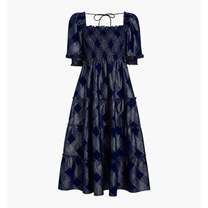 NWT Hill House Nesli Nap Dress in Navy Glitter Check Smocked Midi XS
